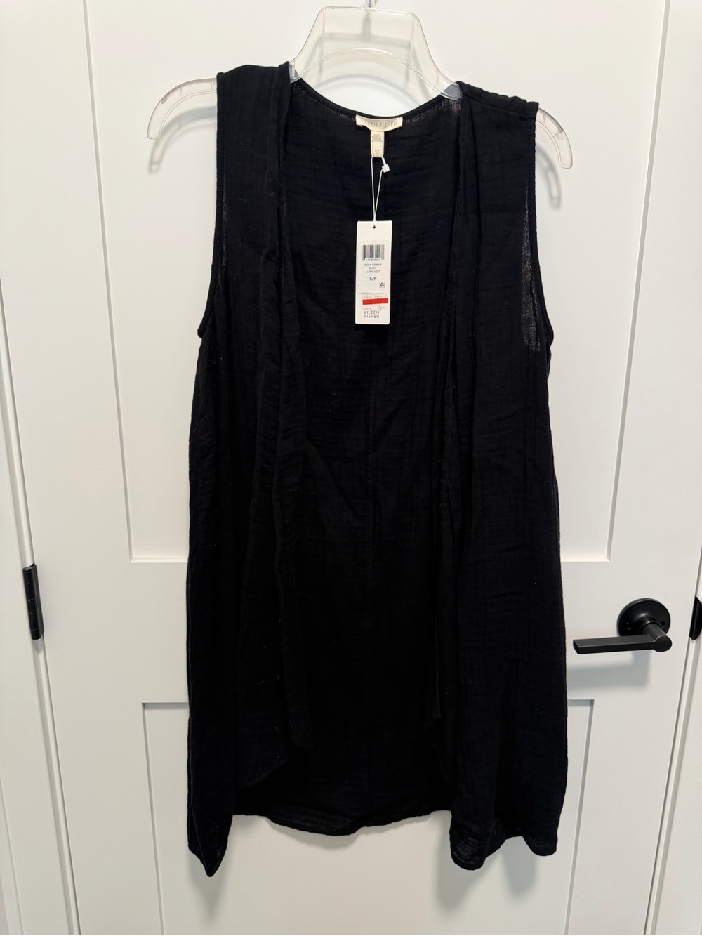 NWT Eileen Fisher Small Black Long Vest Organic Cotton S9GBA-V1086